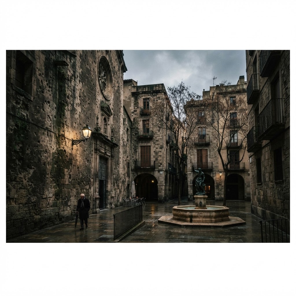 The quiet and reflective atmosphere of the Plaza de Sant Felip Neri.