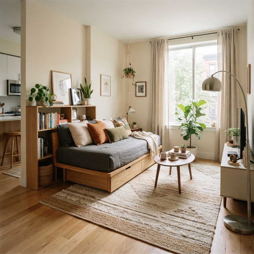 Strategic rug placement helps define zones in a multi-use room.