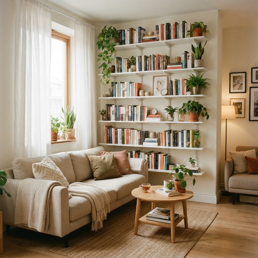 Utilize vertical wall space for shelving to keep the floor clear.