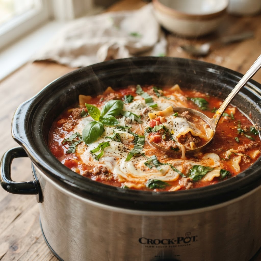 The slow cooker making the perfect batch of lasagna soup.