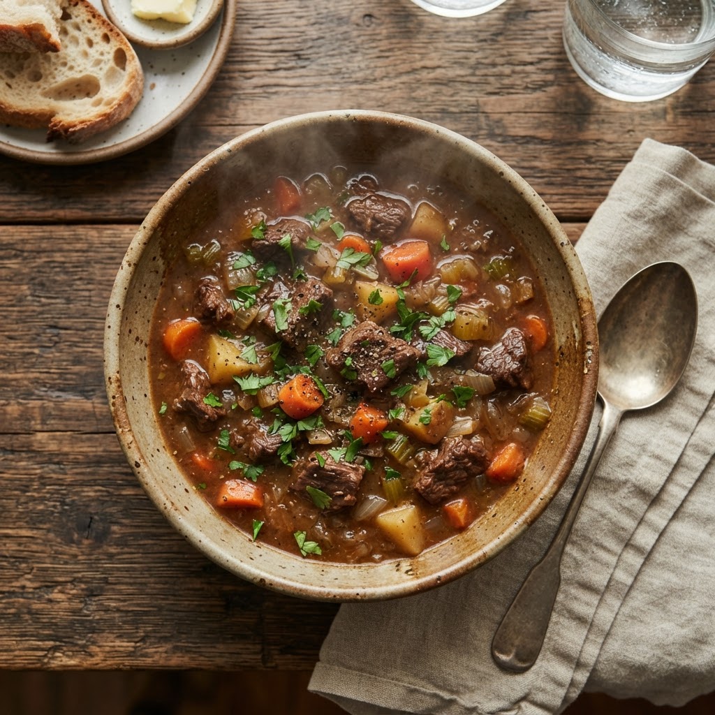 A bowl of beef stew with carrots and potatoes served fresh.