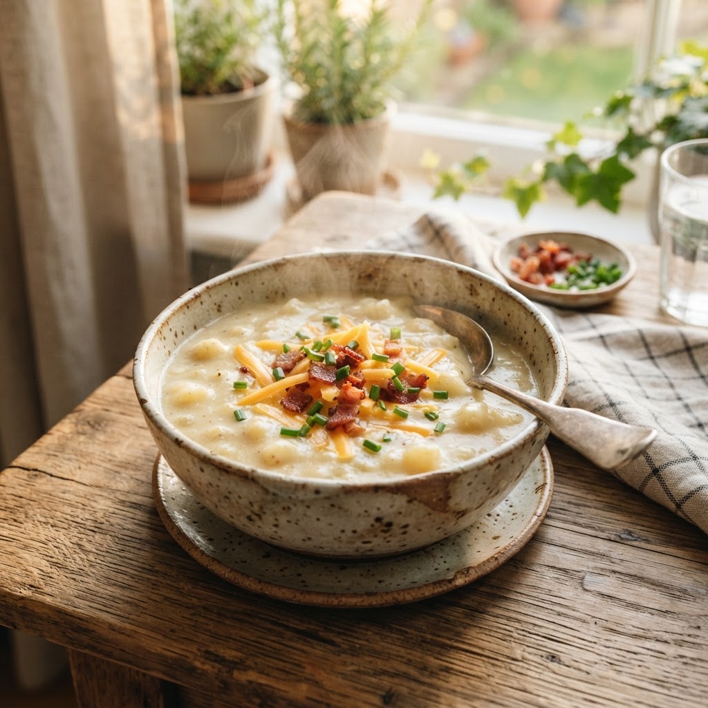 Creamy potato soup garnished with bacon and chives.