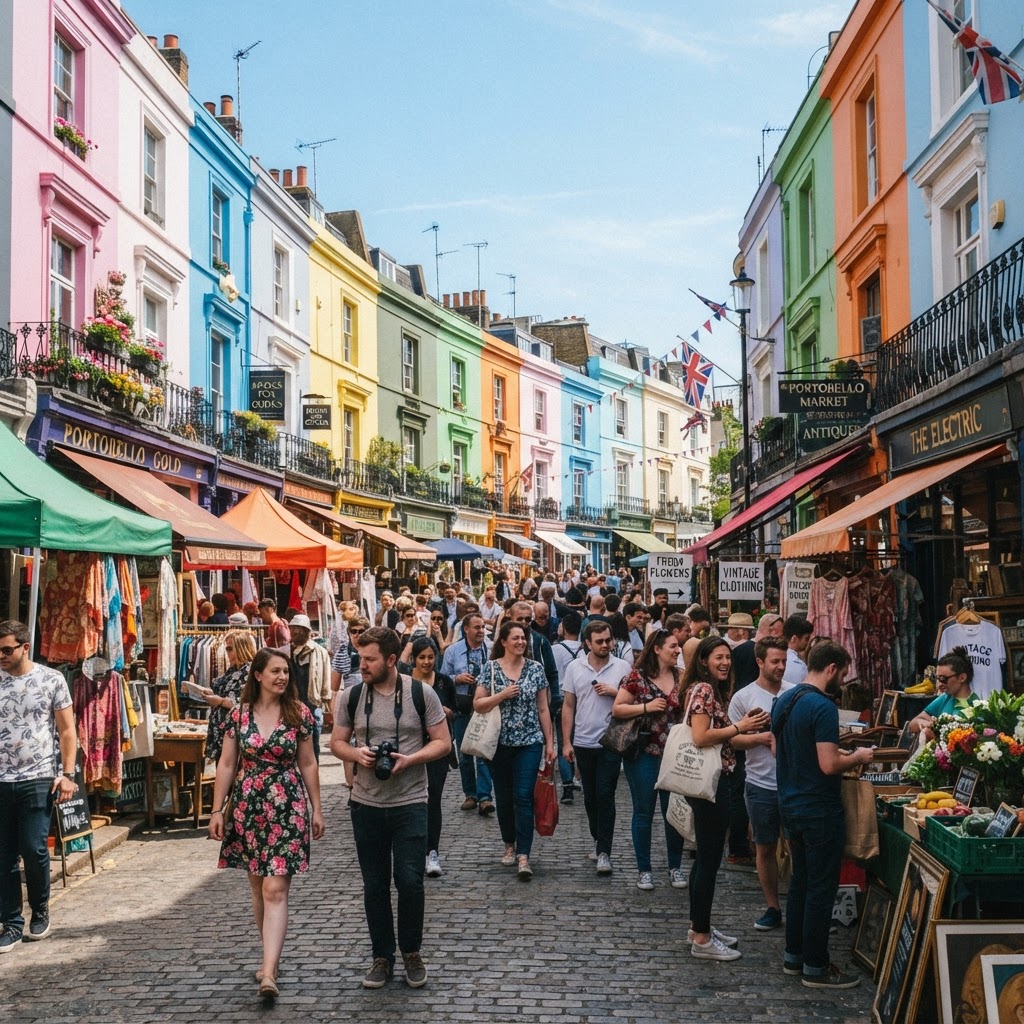 Exploring the colorful streets of Notting Hill.