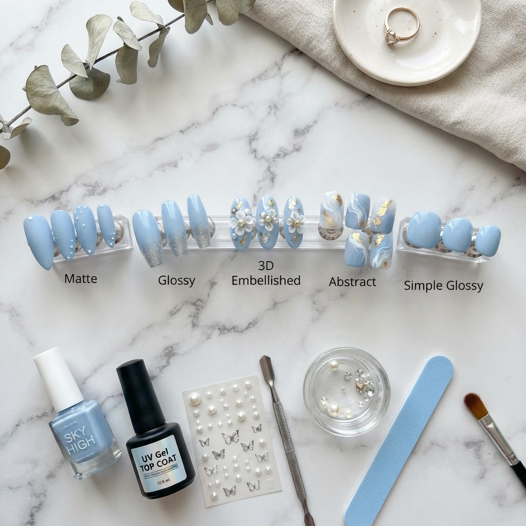 A variety of dreamy blue Fake Nails Designs.