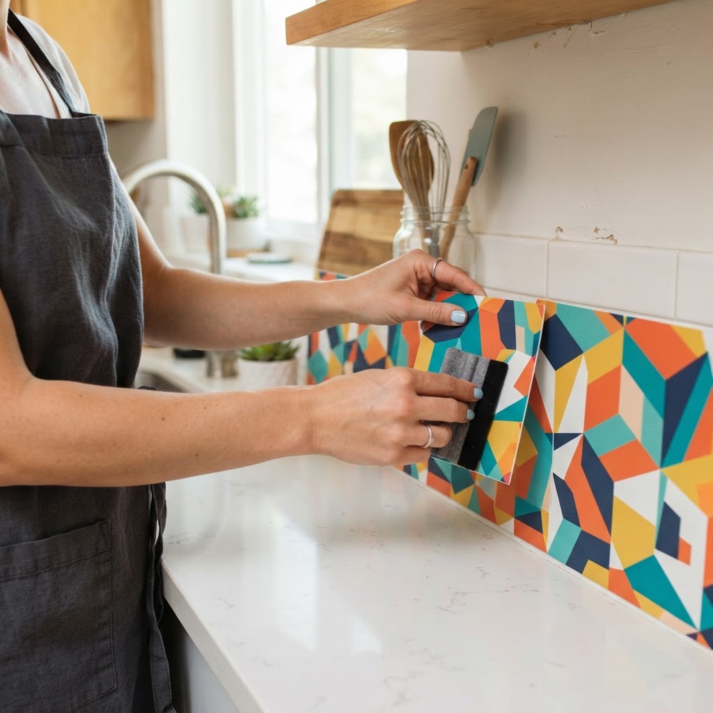 Peel-and-stick tiles are a mess-free way to refresh an outdated backsplash.