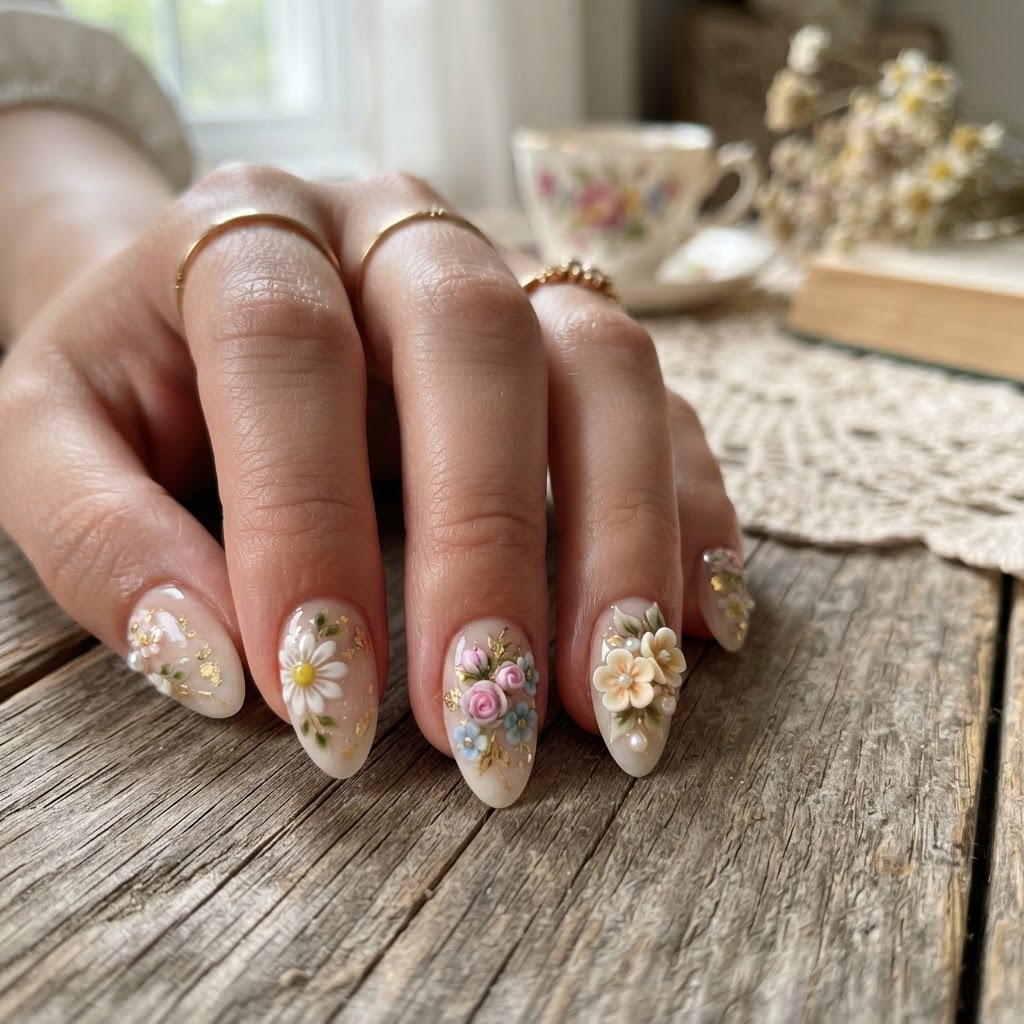 Intricate 3D gel flowers on press-on nails.