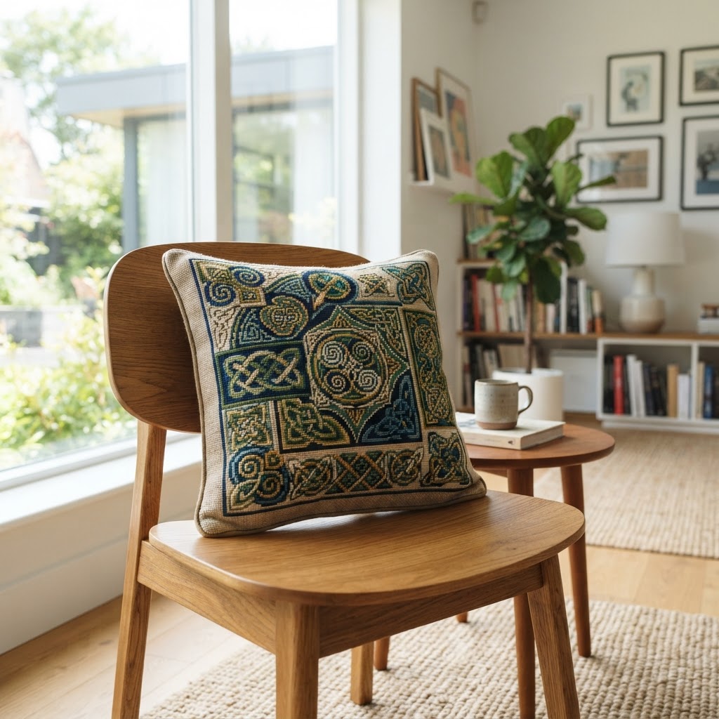 Finished Irish-inspired needlepoint incorporated into home decor.