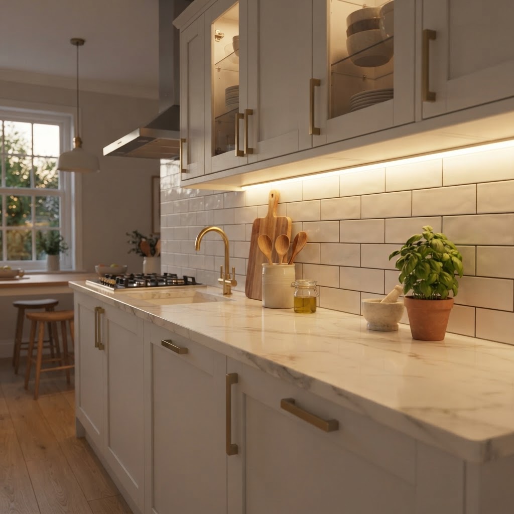Under-cabinet LED strips make cooking easier.