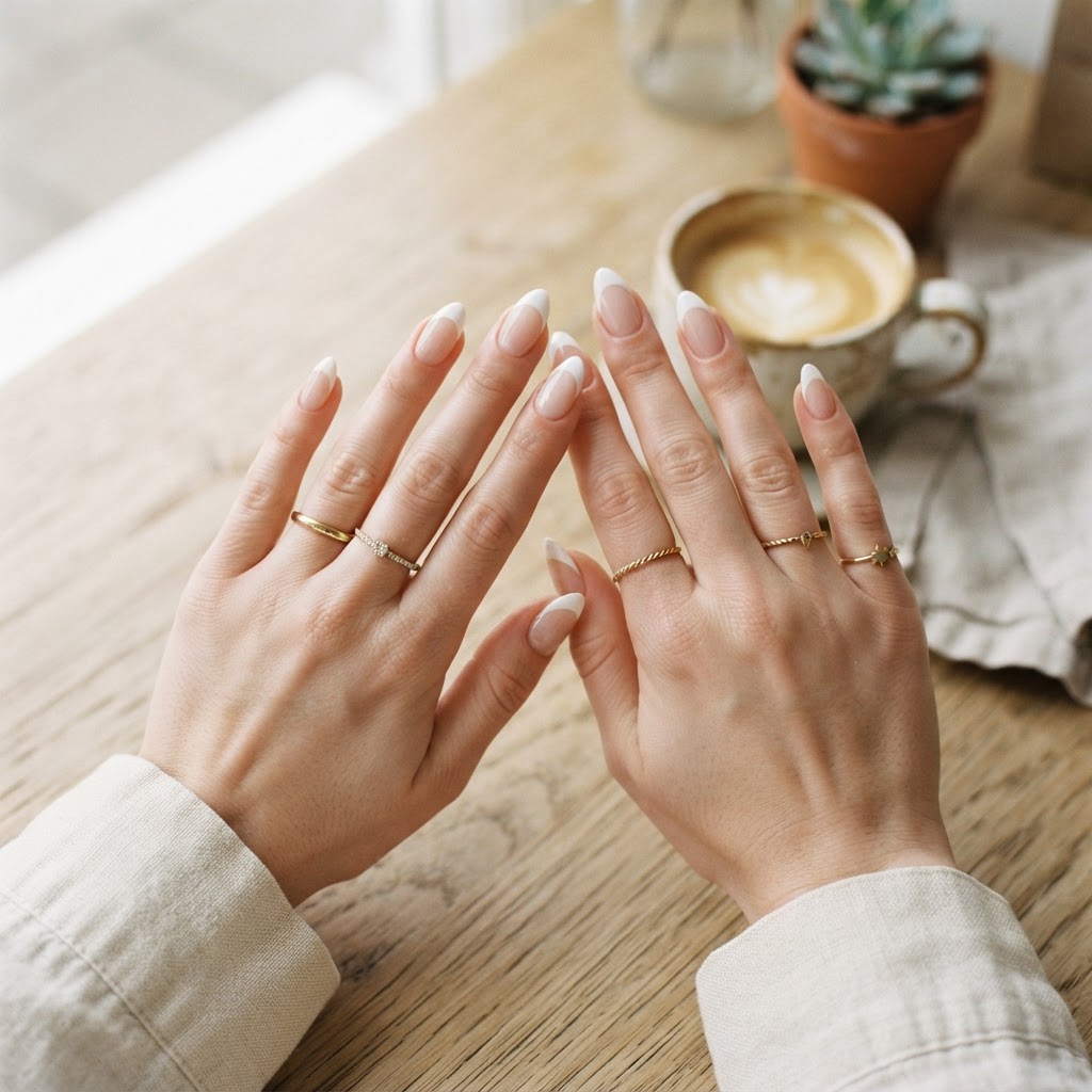 Classic French tip design on almond nails.