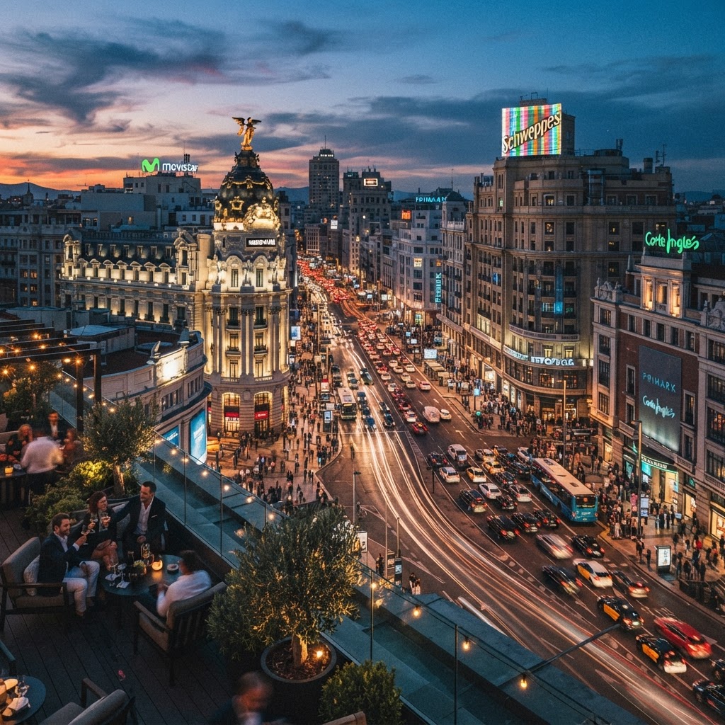 The vibrant transition from day to night in central Madrid.