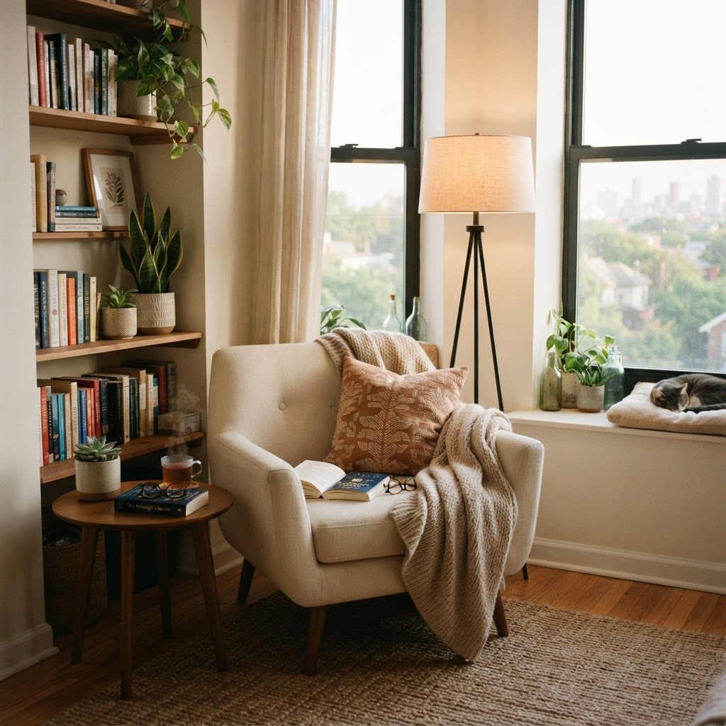 Create a dedicated reading nook with focused, warm accent lighting.