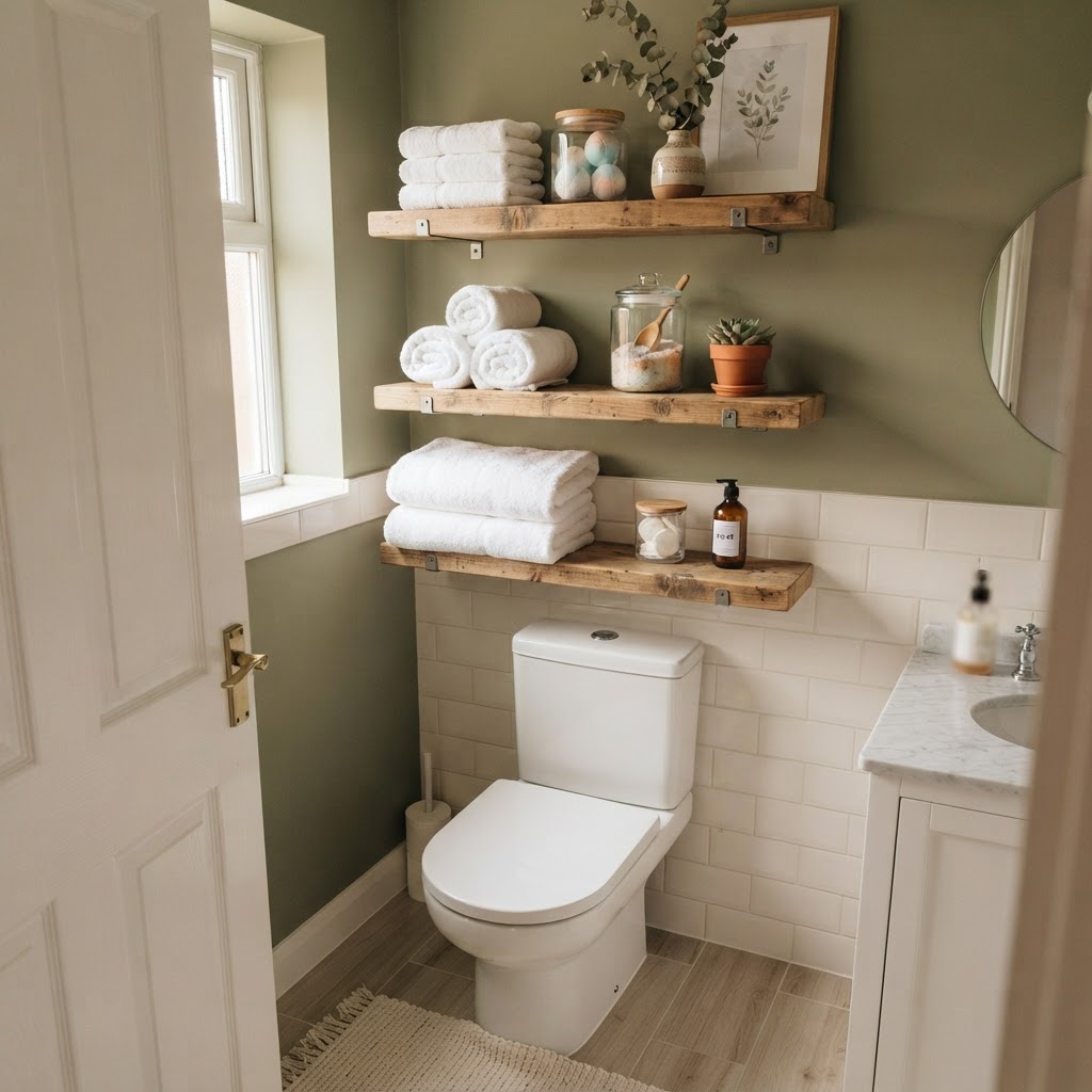 Vertical shelving is an expert secret for adding storage to small bathrooms.