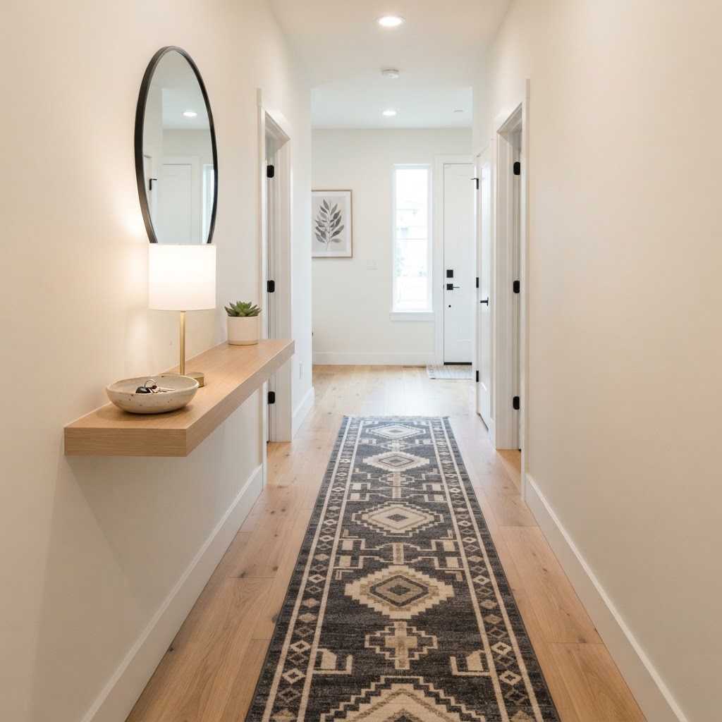 A runner rug and floating shelf define this small entrance area.