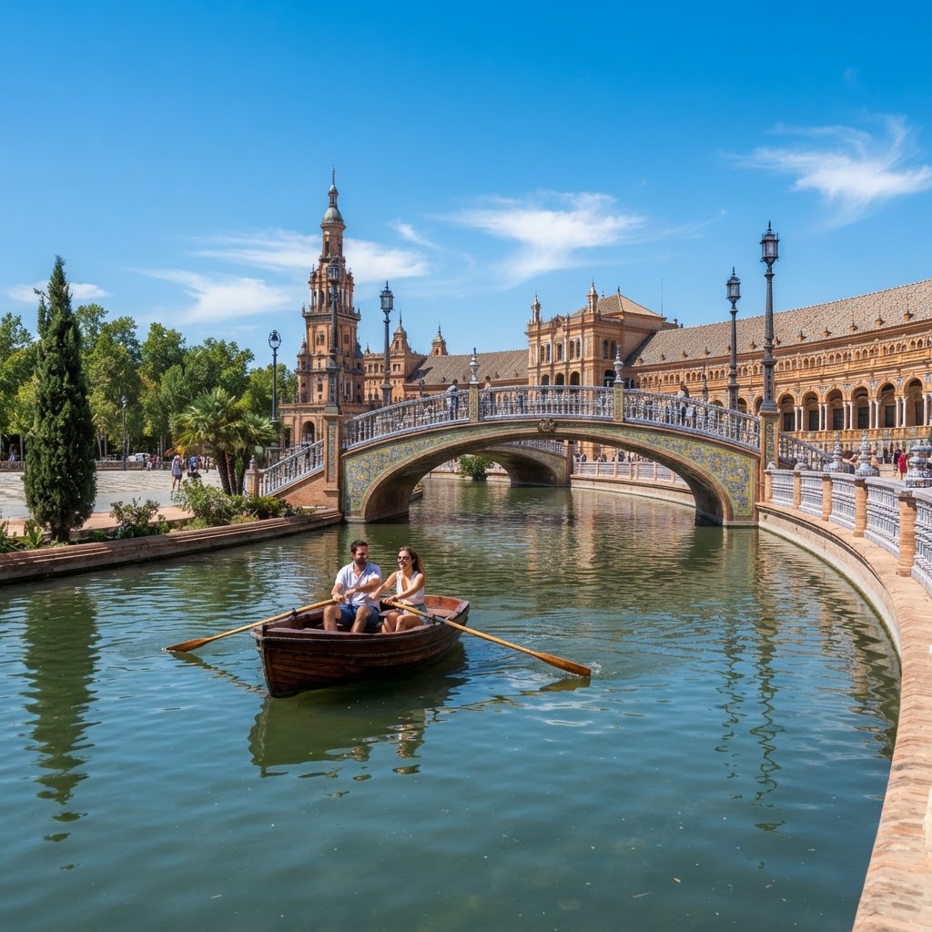 Enjoying a boat ride in the Plaza's canal.