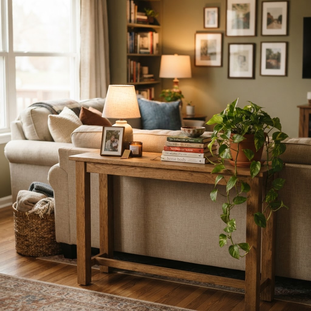 A console table behind the sofa creates a cozy, functional nook for lighting and decor.