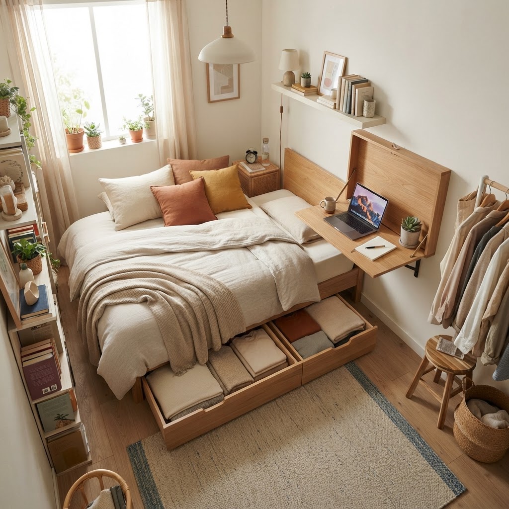 Smart furniture choices that help keep small bedrooms clutter-free.