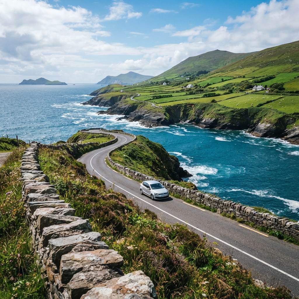 Driving the scenic Slea Head route on the Dingle Peninsula.