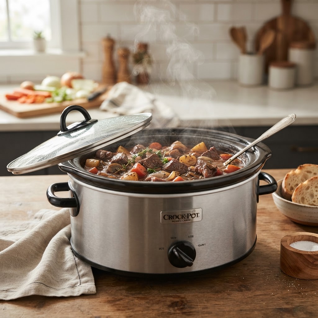 The slow cooking process produces a rich, deep brown gravy.