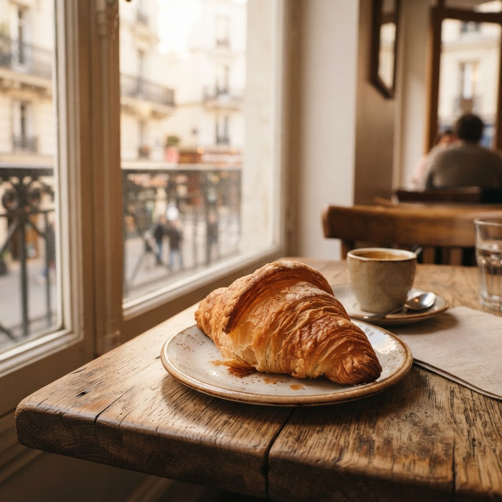 The perfect start: a buttery, flaky croissant in soft morning light.