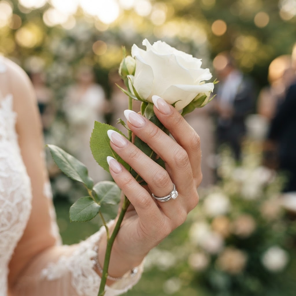 Almond-shaped french tip press-on nails are the perfect choice for a timeless bridal look.