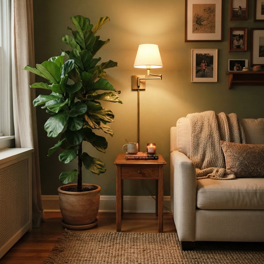 Layered lighting and greenery create a cozy, professional look on a budget.
