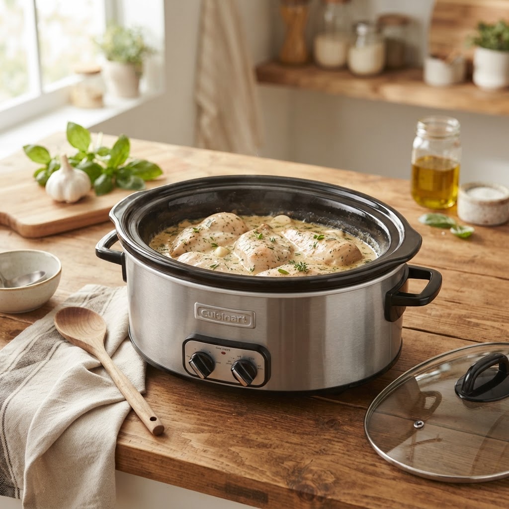 Slow cooker chicken simmering in a rich, flavorful garlic parmesan sauce.