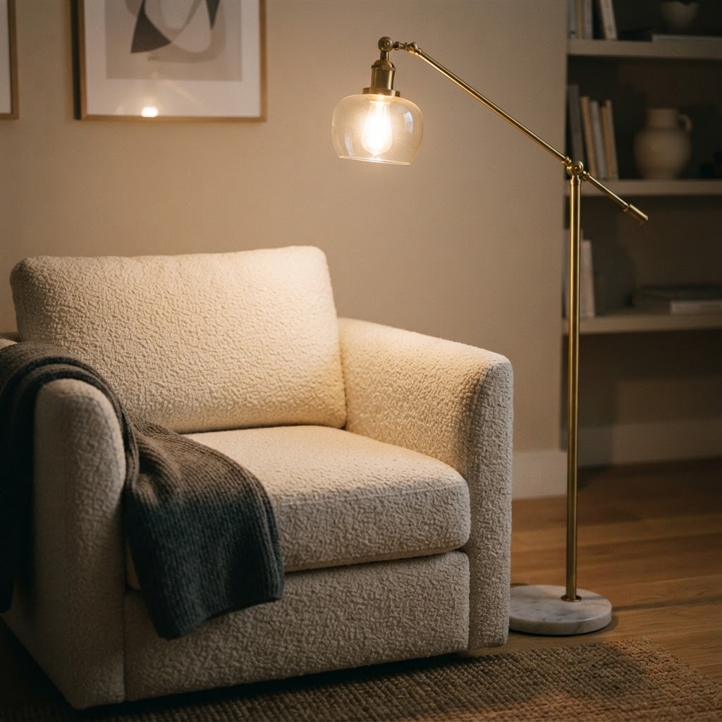 Brass fixtures paired with warm bulbs enhance home coziness.