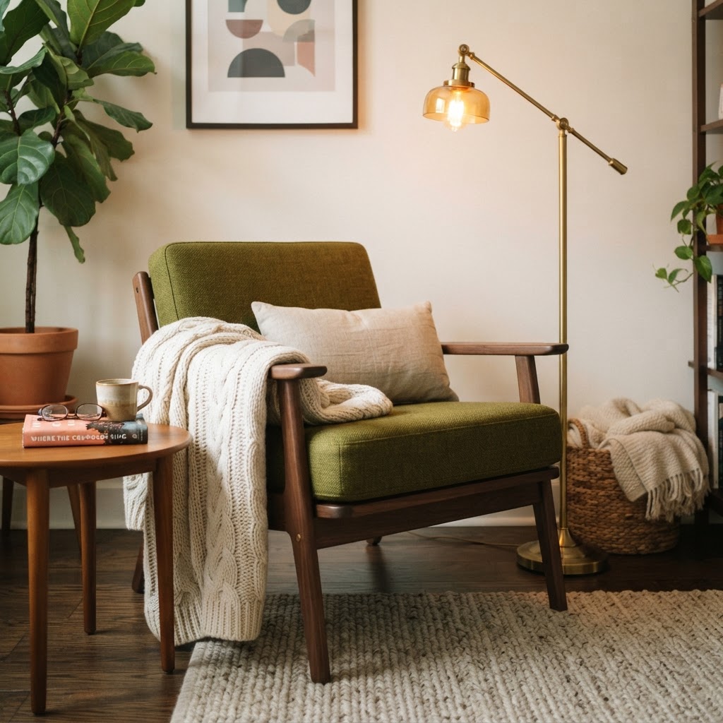 Strategic lighting turns a corner into a comfortable reading nook.