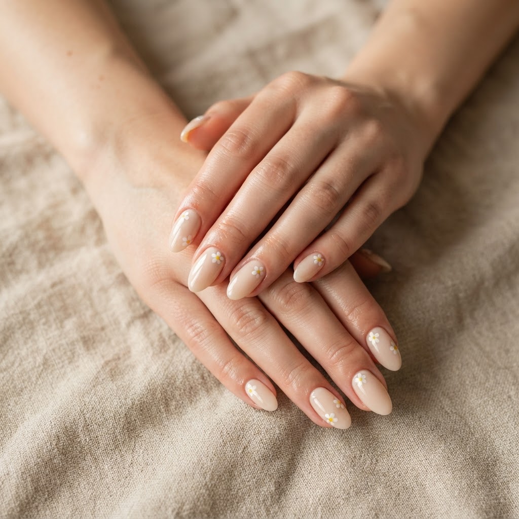 Minimalist daisy press-on nails for a clean, cute everyday look.