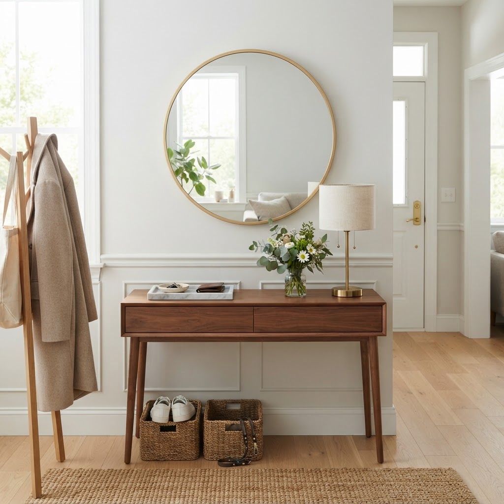 A stylish entryway mirror adds depth and brightness to a small apartment foyer.