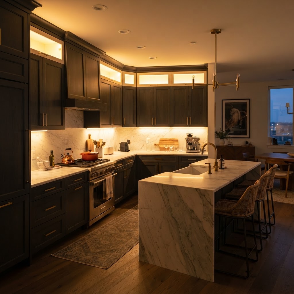 Under-cabinet lighting provides a soft glow for a modern, functional kitchen.