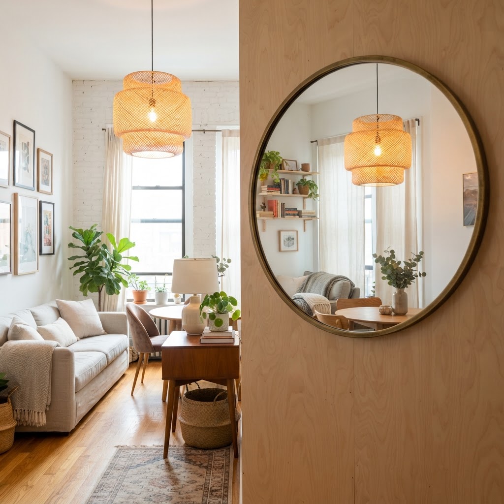 Mirrors are essential tools for reflecting light and making small rooms feel larger.