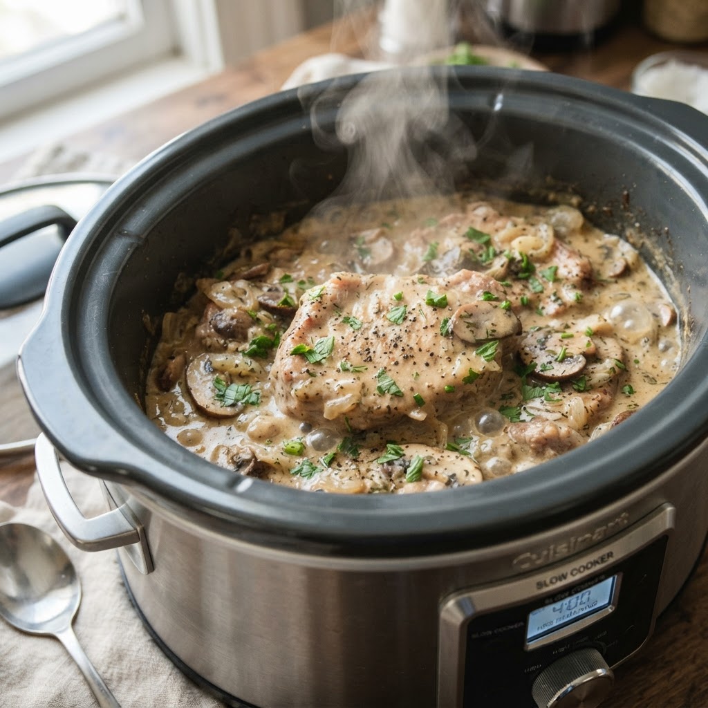 Tender, flavorful slow cooker pork chops ready to serve.