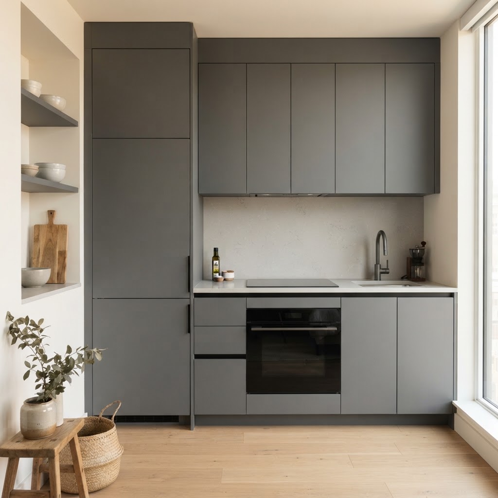 Closed cabinets offer a clean, minimalist aesthetic.
