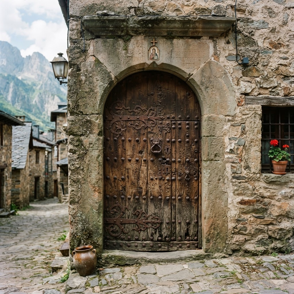 The rugged durability of a traditional Northern Spanish wooden door.