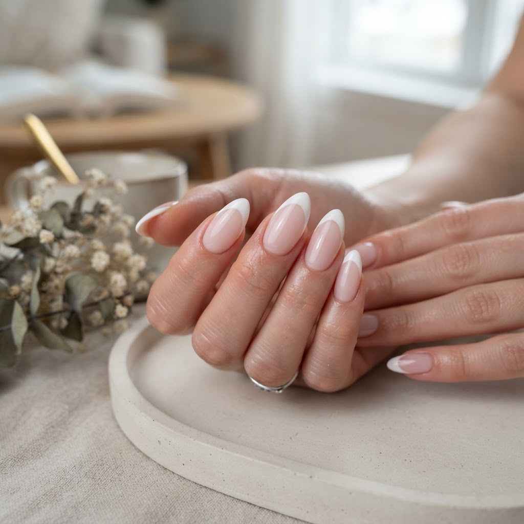 The perfect soft pink French tip almond nails.