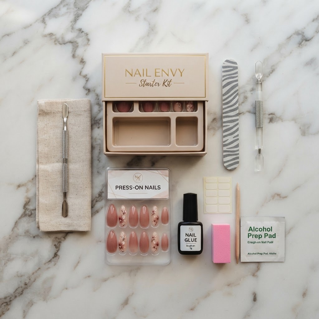 Essential tools included in a beginner-friendly press-on nail kit.