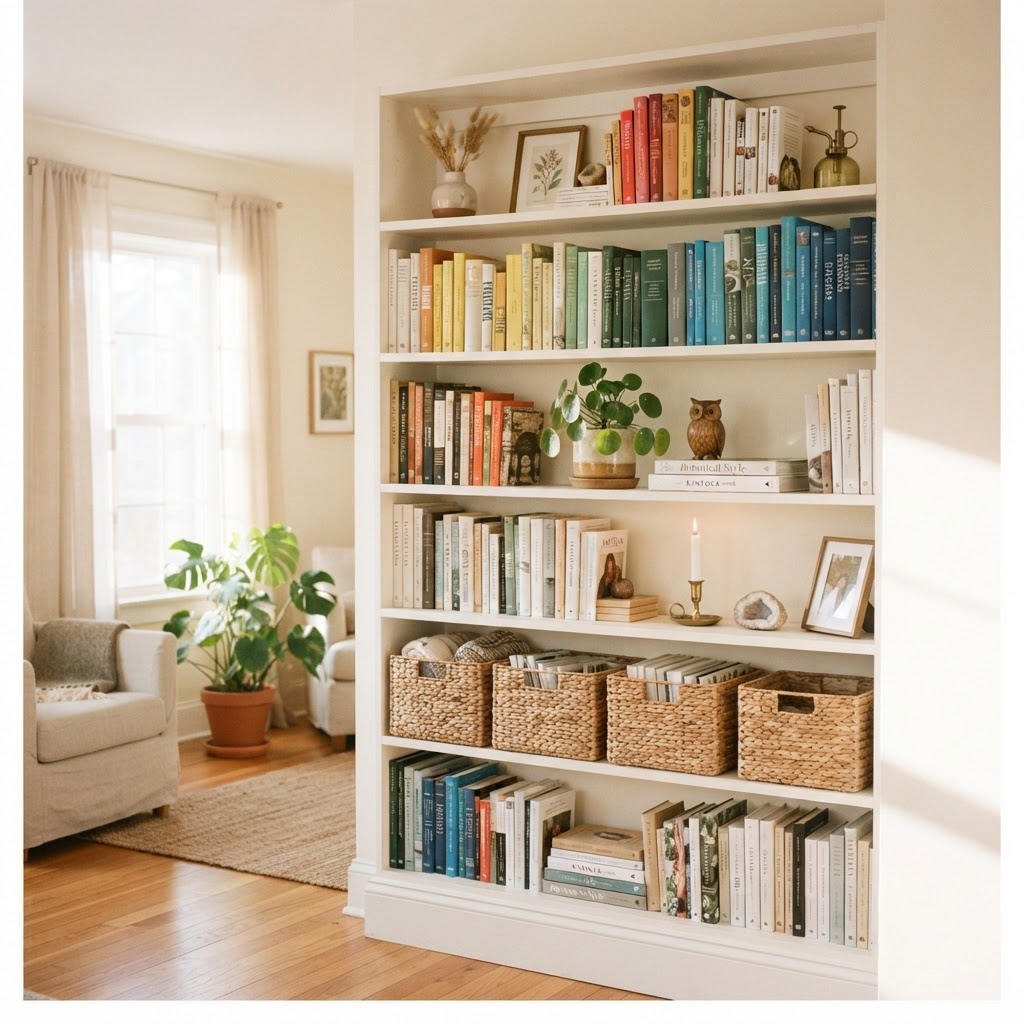 Curated shelving using matching bins keeps clutter hidden and creates a designer look.