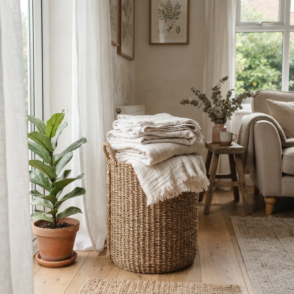 Use woven baskets as both functional storage and rustic decorative elements.