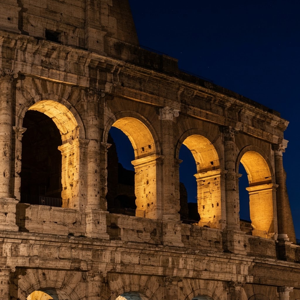Intricate detail of the Colosseum arches at dusk.