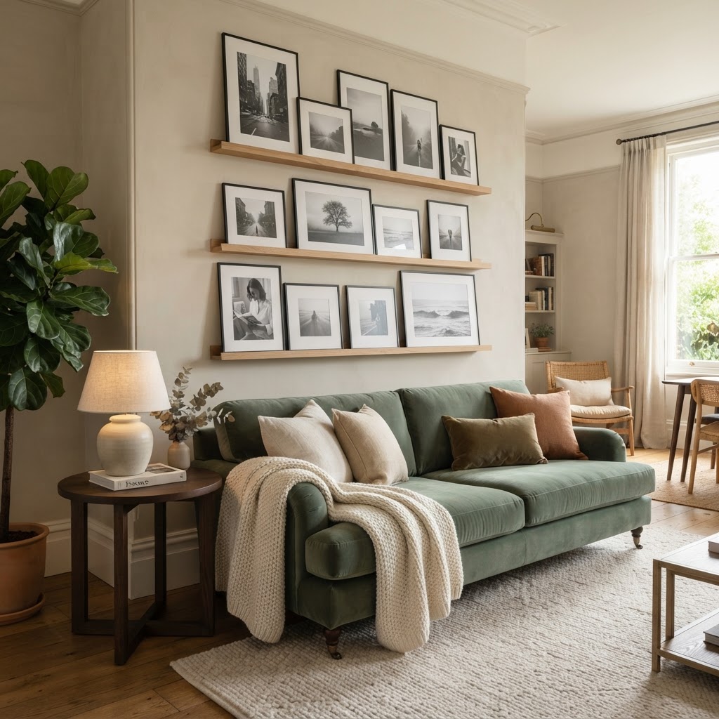A picture ledge is a perfect way to create a gallery wall without drilling holes.