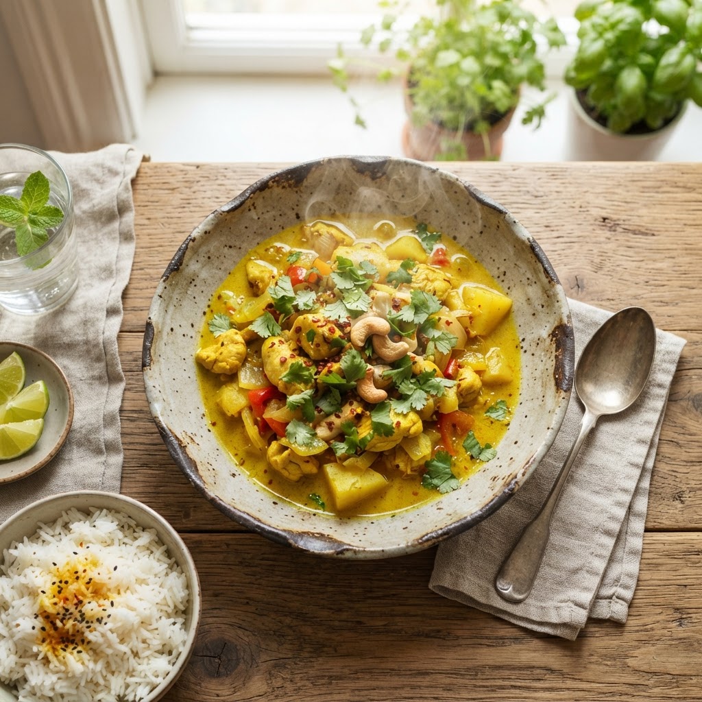 A perfectly plated serving of healthy, aromatic chicken curry.