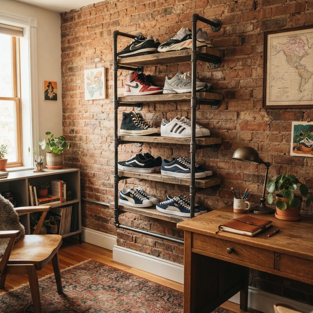 Industrial pipe racks add a rustic flair while keeping shoes off the floor.
