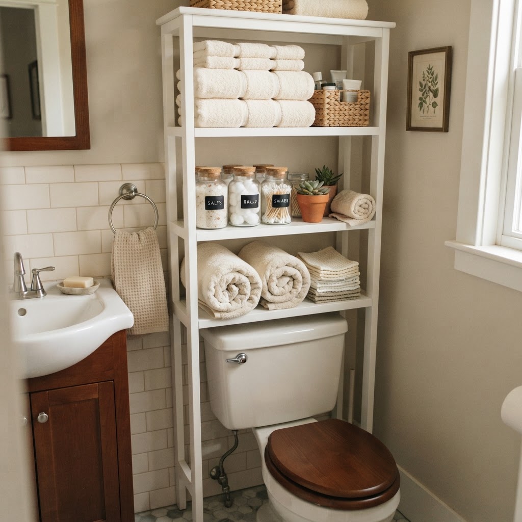 Over-the-toilet shelving is a rental-friendly way to add storage to a small bathroom.