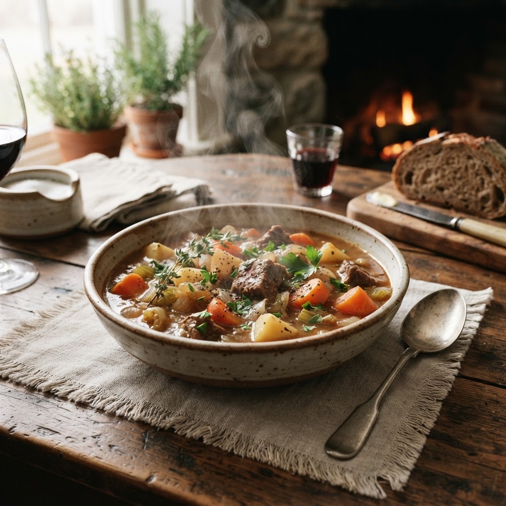 A bowl of simple crockpot beef stew with stew meat, perfect for a cold evening.