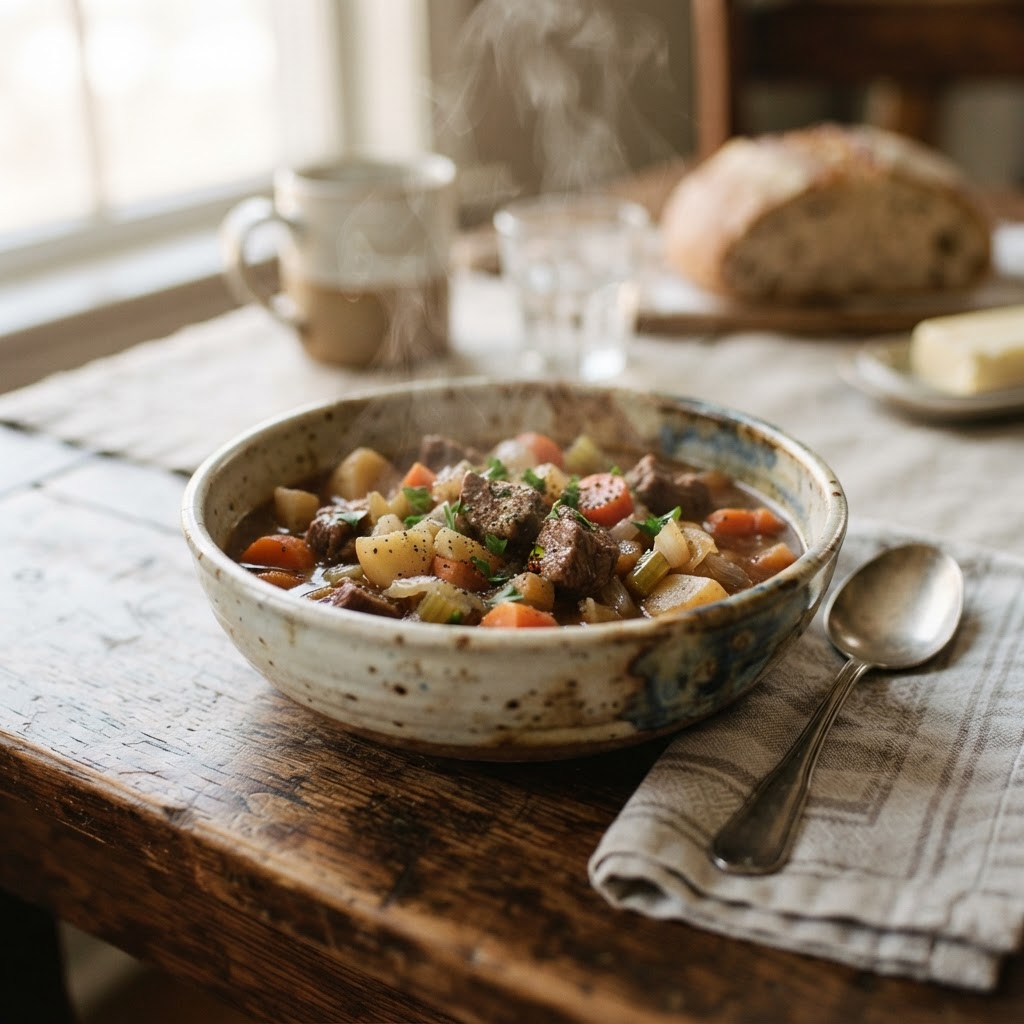 A warm and inviting bowl of homemade beef stew.