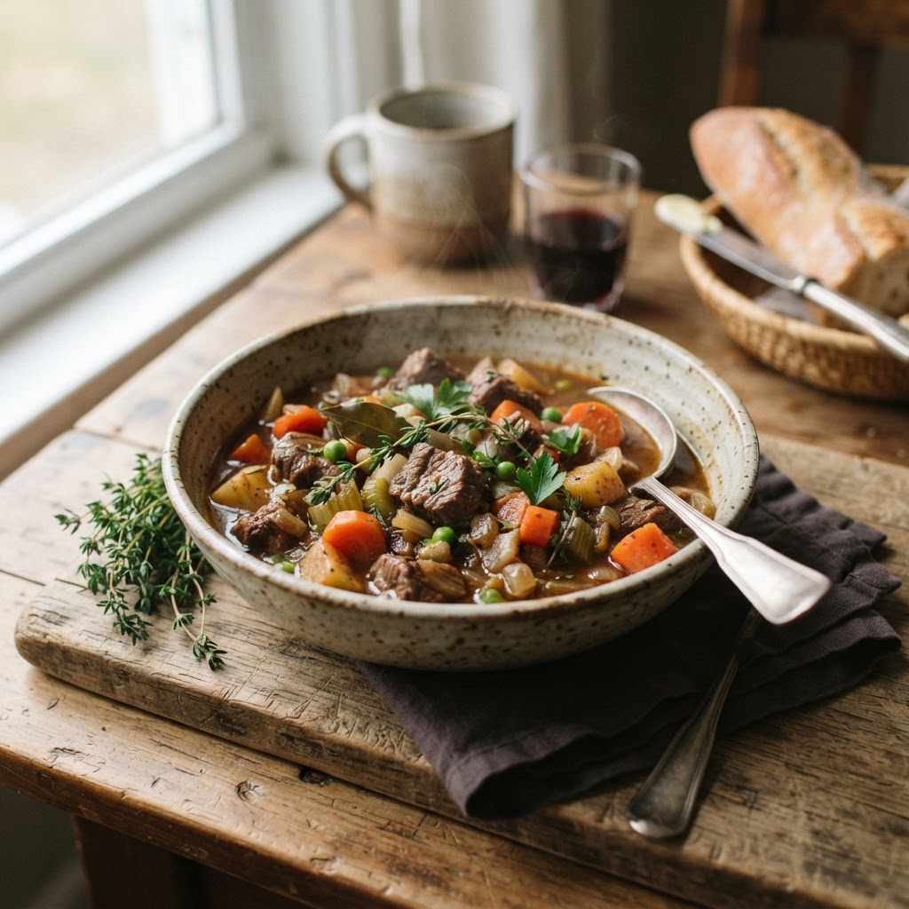 A bowl of classic slow cooker beef stew ready to serve.