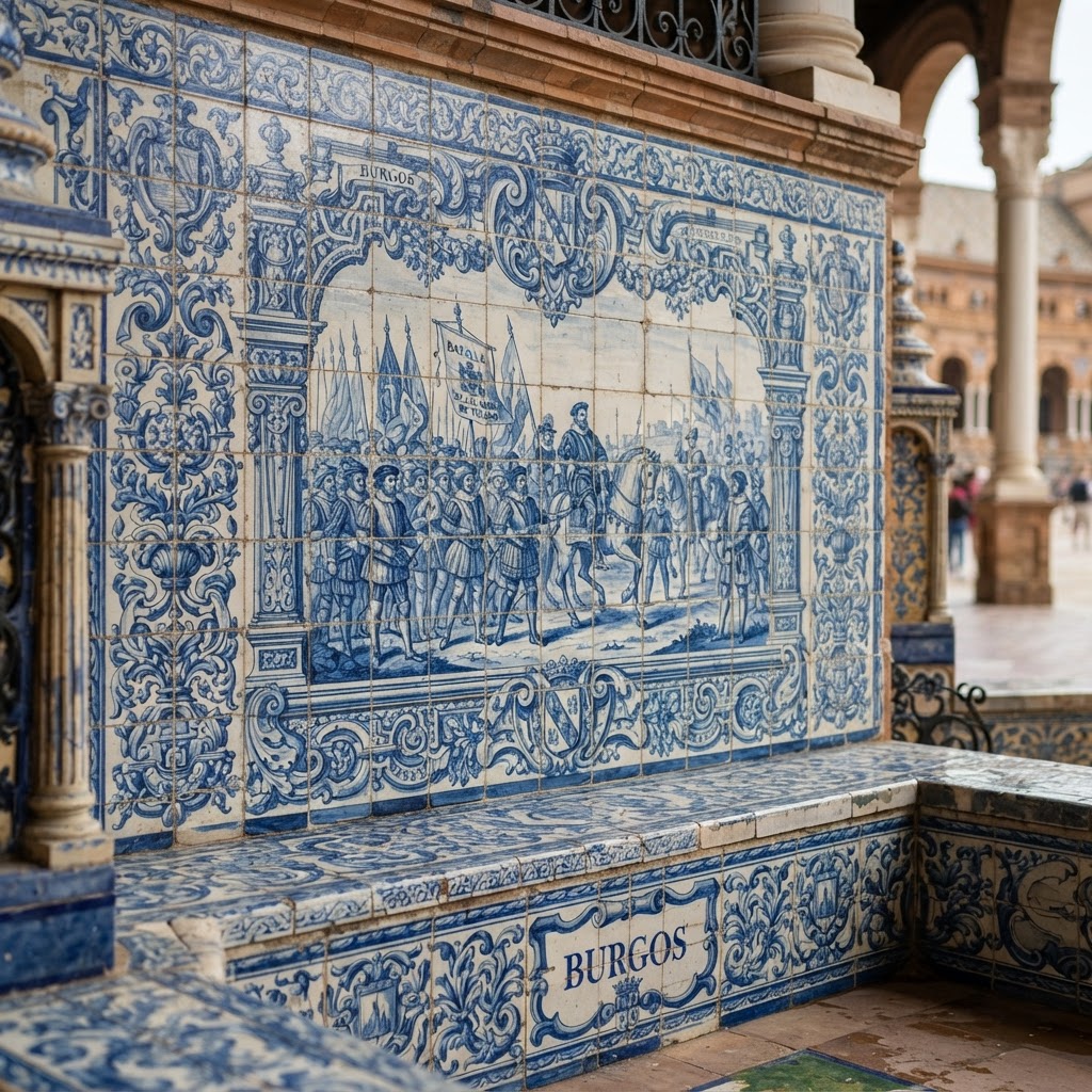 Detail of the ornate ceramic tiles representing Spanish provinces.