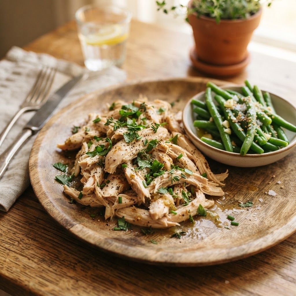 Juicy chicken breast served with fresh green beans.