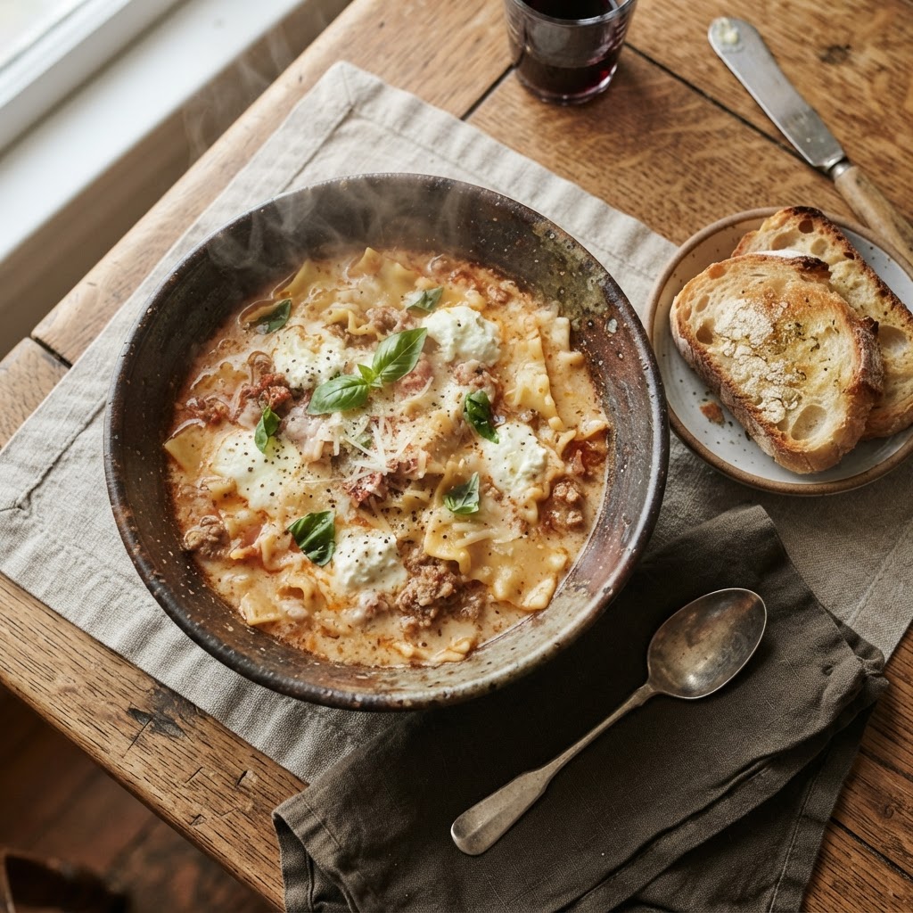 A delicious bowl of creamy lasagna soup served fresh.